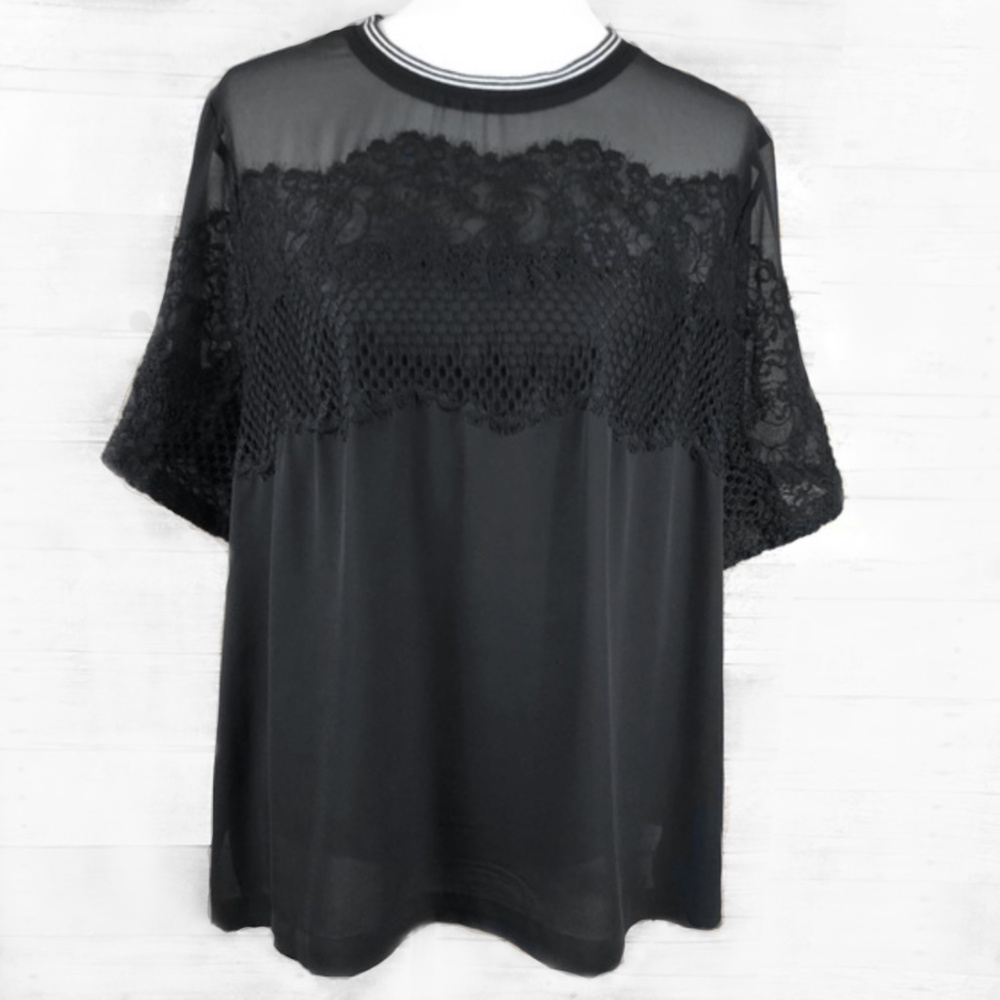 Lane Bryant - Black Sheer Lace Crop Blouse w White Athletic Collar -  18/20 - 2x